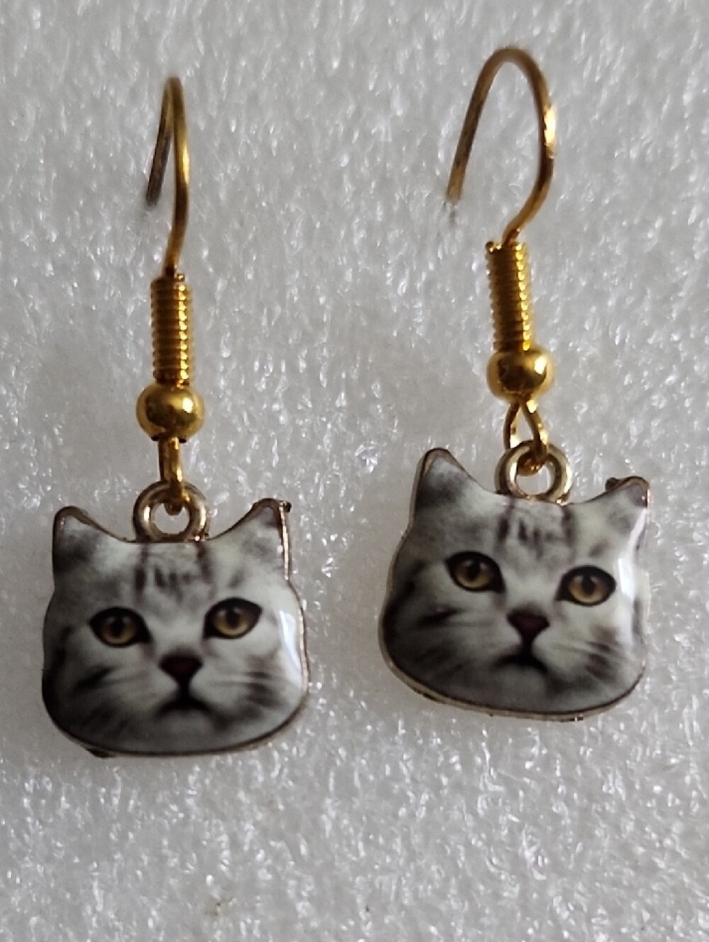 Hand Crafted Gold Cat Face Drop Earrings with White and Gray Cat Motif